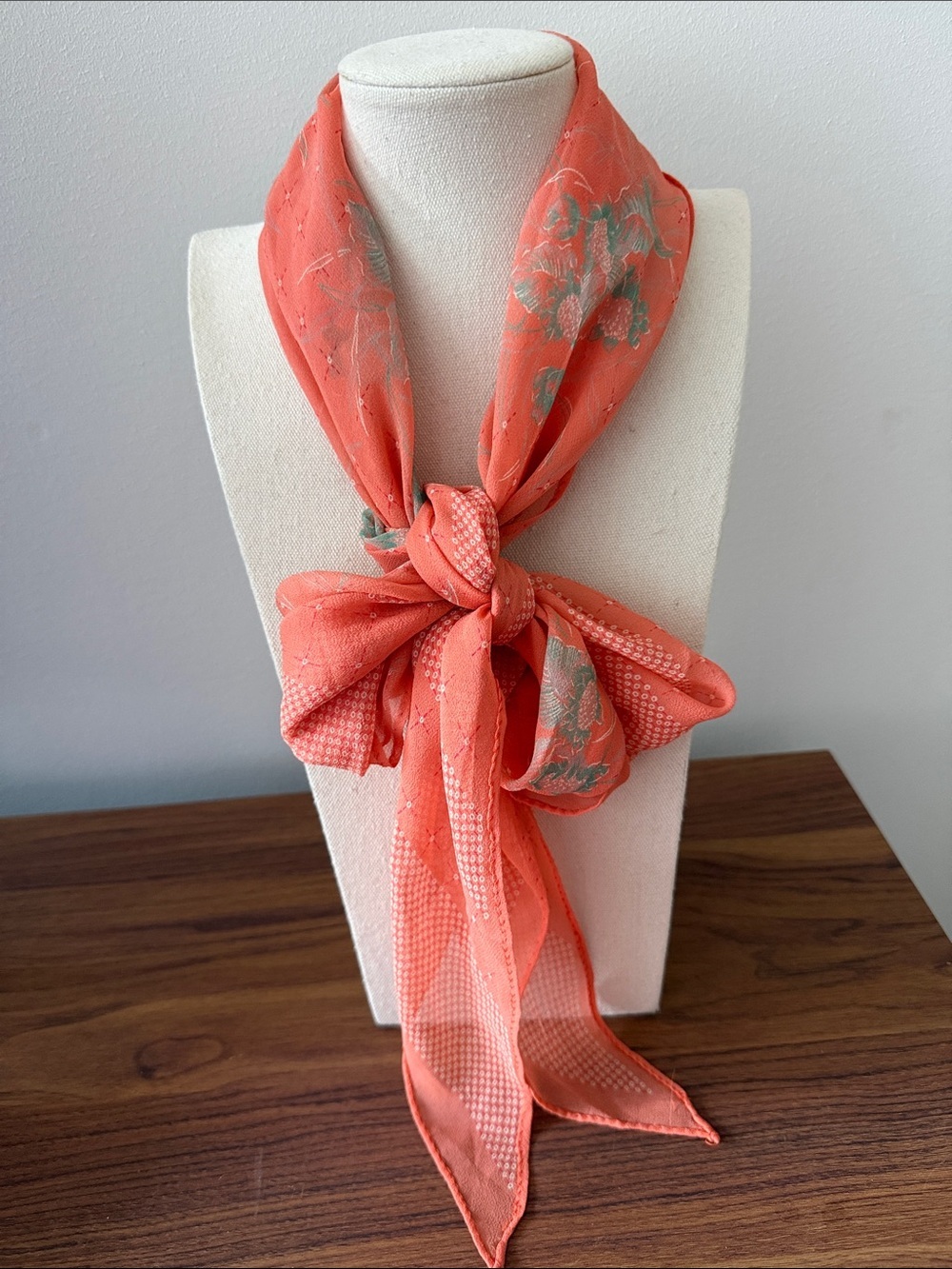 Oblong Semi Transparent Scarf w/ Coral Background & Turquoise Floral Design.